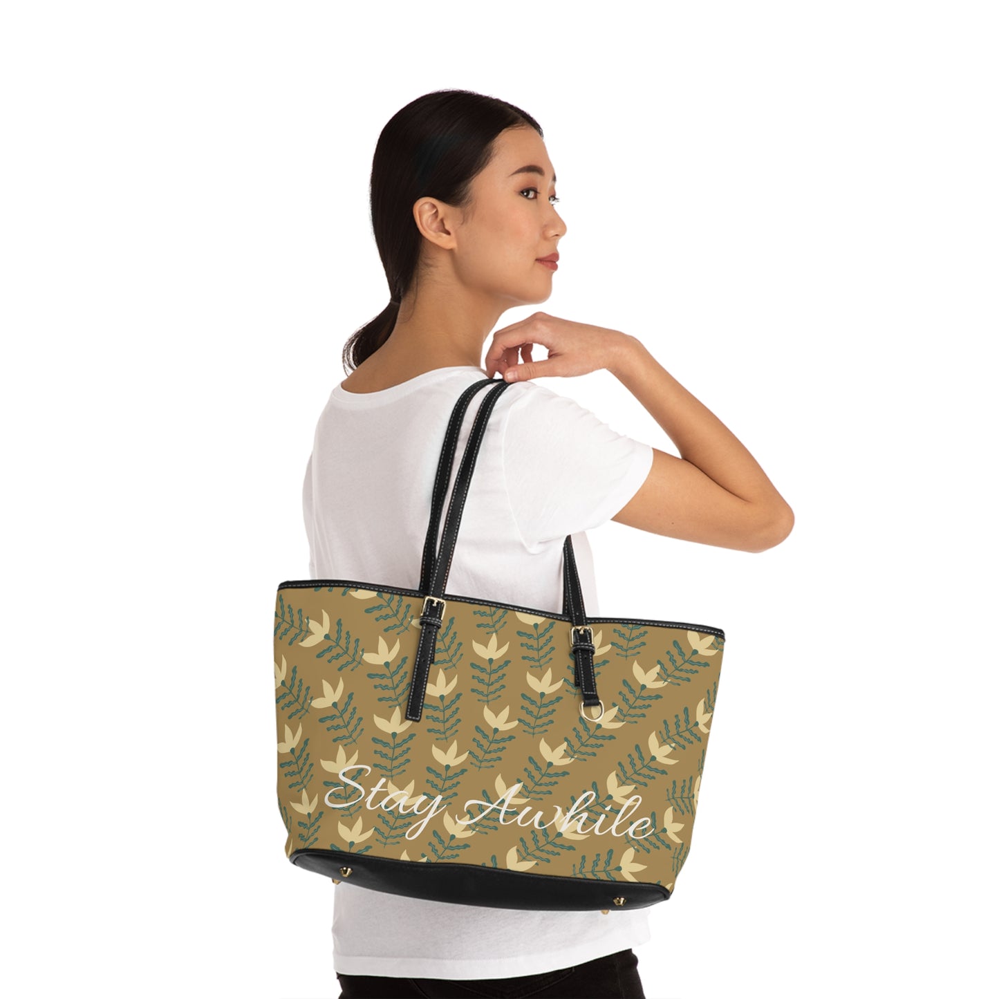 Stay Awhile Floral Tote Bag — PU Leather Shoulder Tote with Leaf Pattern