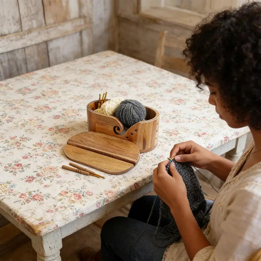 Bamboo wooden Lidded Yarn Bowl with Cell Phone Groove | Knitting & Crochet Organizer