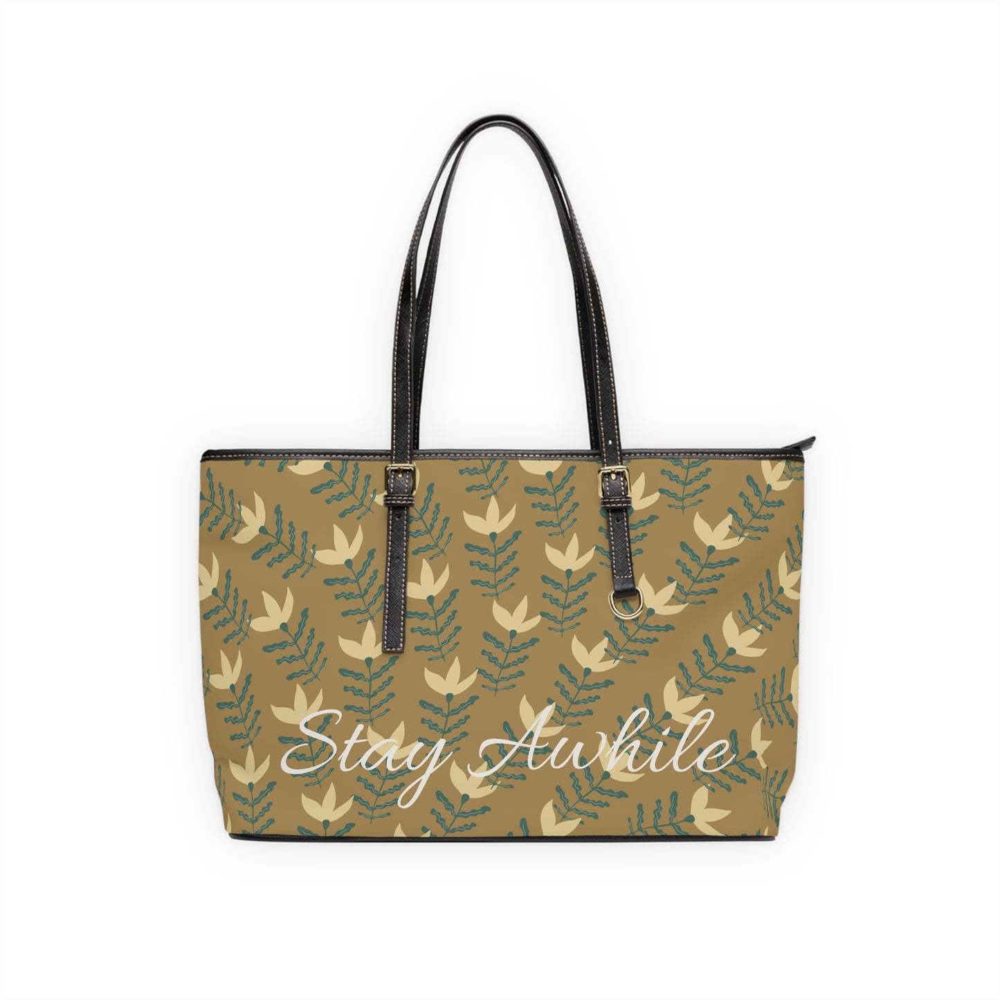Stay Awhile Floral Tote Bag — PU Leather Shoulder Tote with Leaf Pattern
