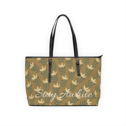 Stay Awhile Floral Tote Bag — PU Leather Shoulder Tote with Leaf Pattern