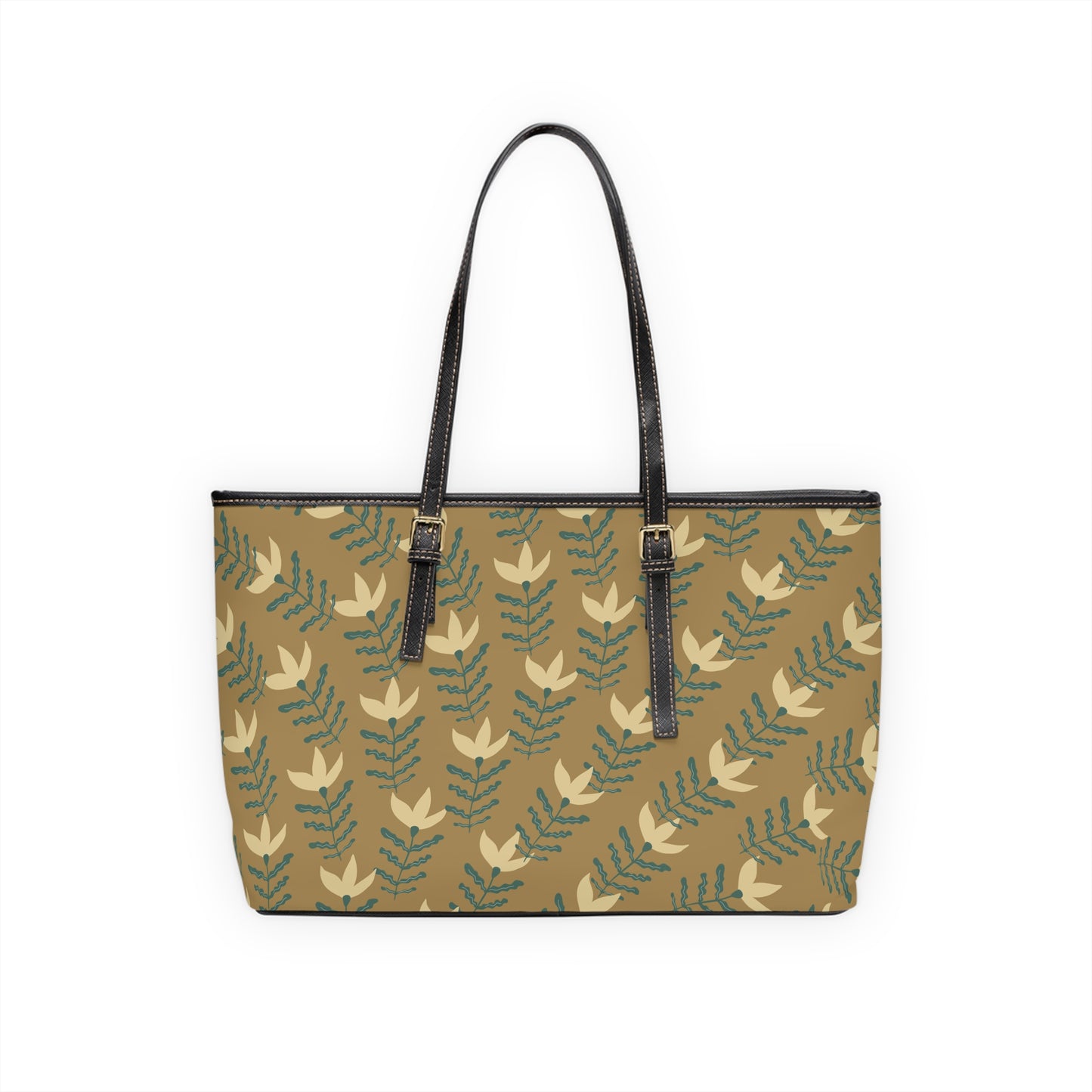 Stay Awhile Floral Tote Bag — PU Leather Shoulder Tote with Leaf Pattern