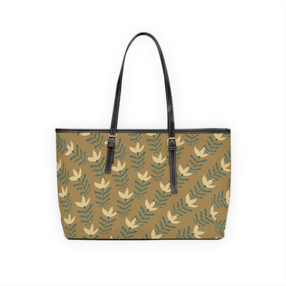 Stay Awhile Floral Tote Bag — PU Leather Shoulder Tote with Leaf Pattern