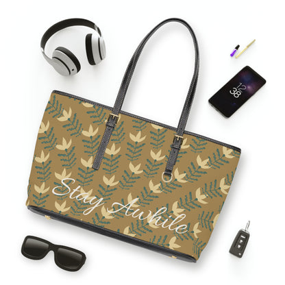 Stay Awhile Floral Tote Bag — PU Leather Shoulder Tote with Leaf Pattern