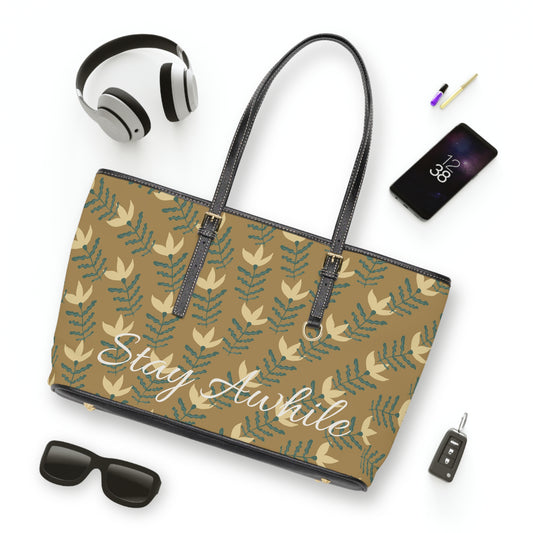 Stay Awhile Floral Tote Bag — PU Leather Shoulder Tote with Leaf Pattern
