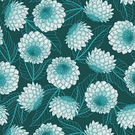 Dark Teal Dahlias at Dusk Dahlias Cotton Fabric 44"/45" Per Yard