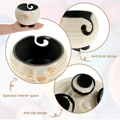 Yarn Bowl | Natural & Dark Wood + Ceramic Sheep Knitting Organizer