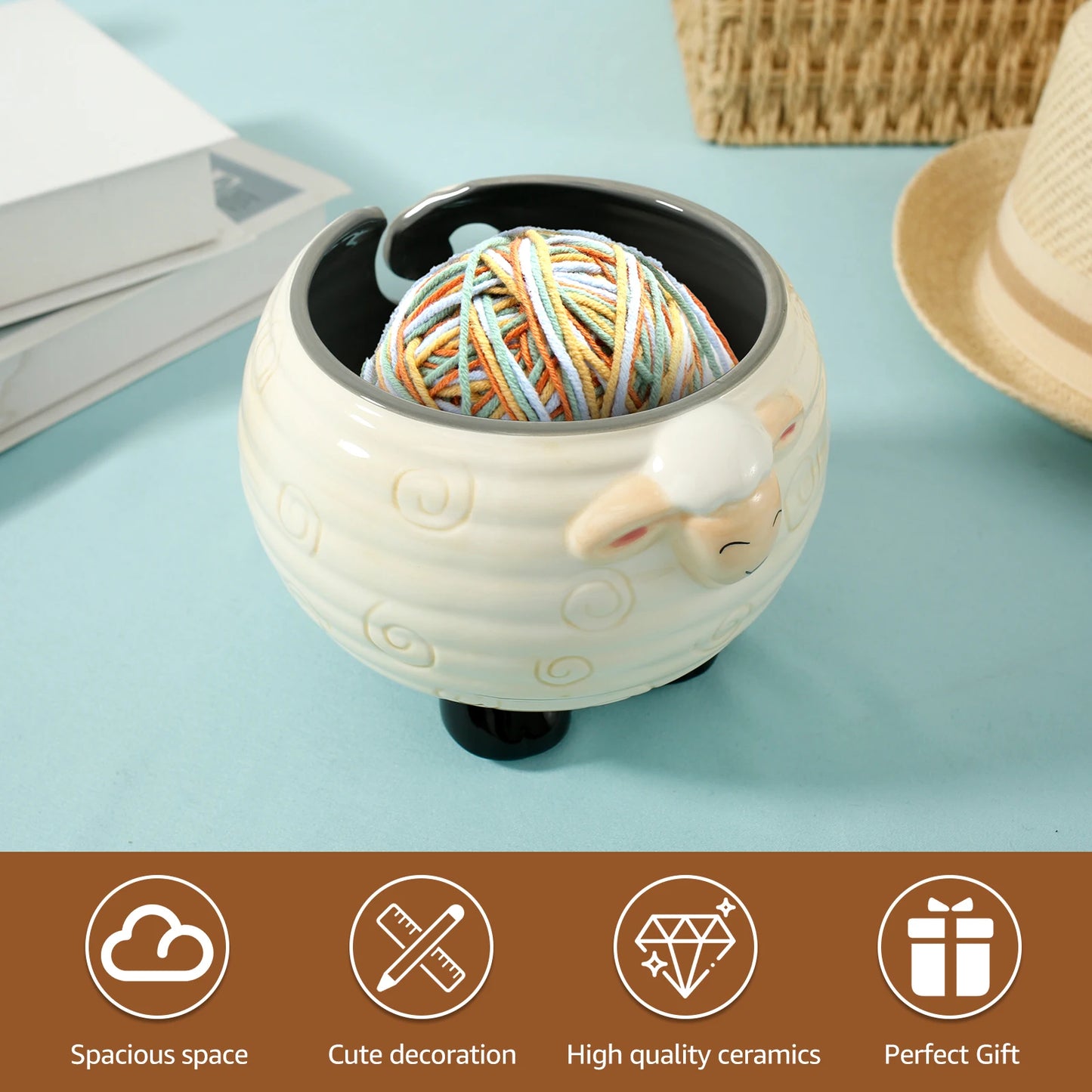Yarn Bowl | Natural & Dark Wood + Ceramic Sheep Knitting Organizer