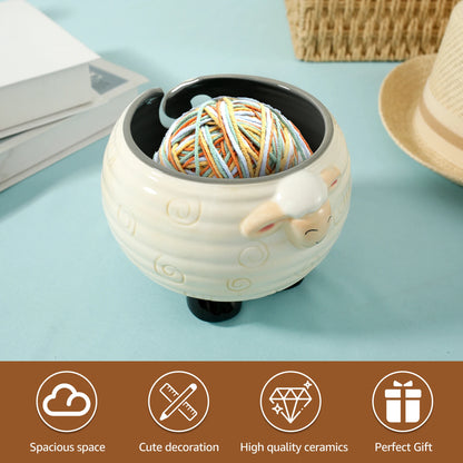 Yarn Bowl | Natural & Dark Wood + Ceramic Sheep Knitting Organizer