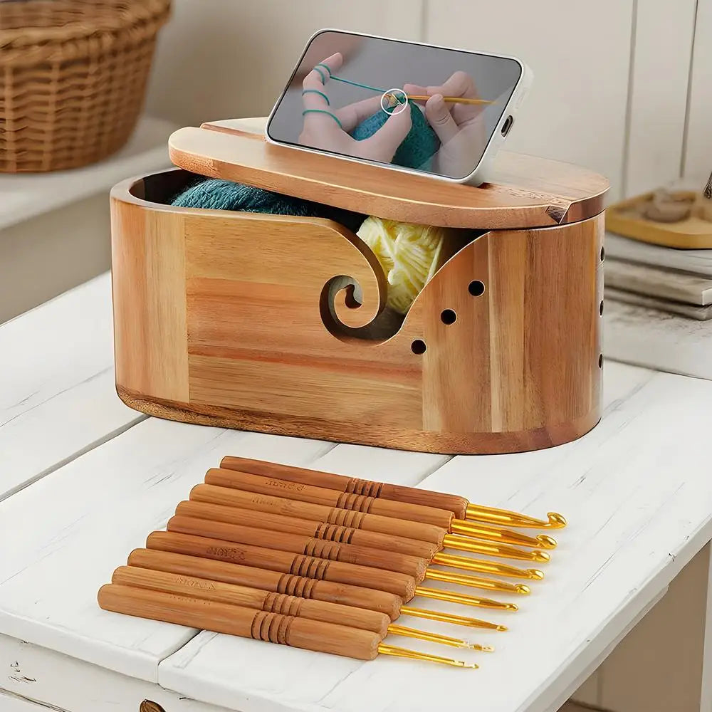 Bamboo wooden Lidded Yarn Bowl with Cell Phone Groove | Knitting & Crochet Organizer