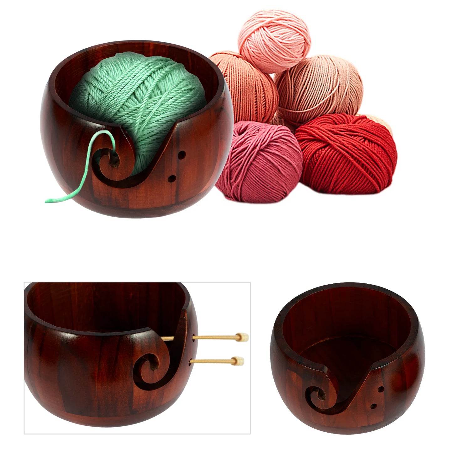 Yarn Bowl | Natural & Dark Wood + Ceramic Sheep Knitting Organizer