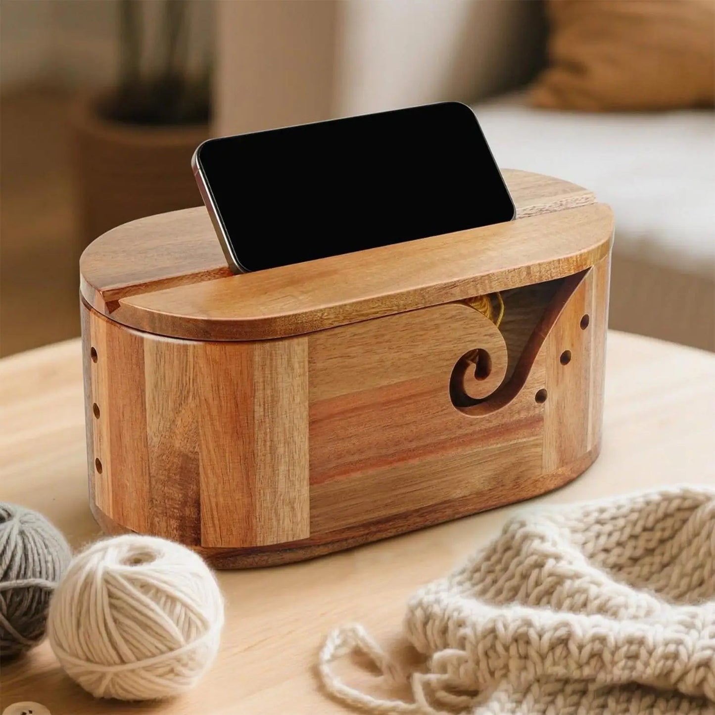 Bamboo wooden Lidded Yarn Bowl with Cell Phone Groove | Knitting & Crochet Organizer