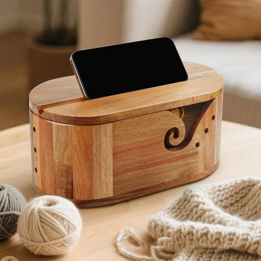 Bamboo wooden Lidded Yarn Bowl with Cell Phone Groove | Knitting & Crochet Organizer