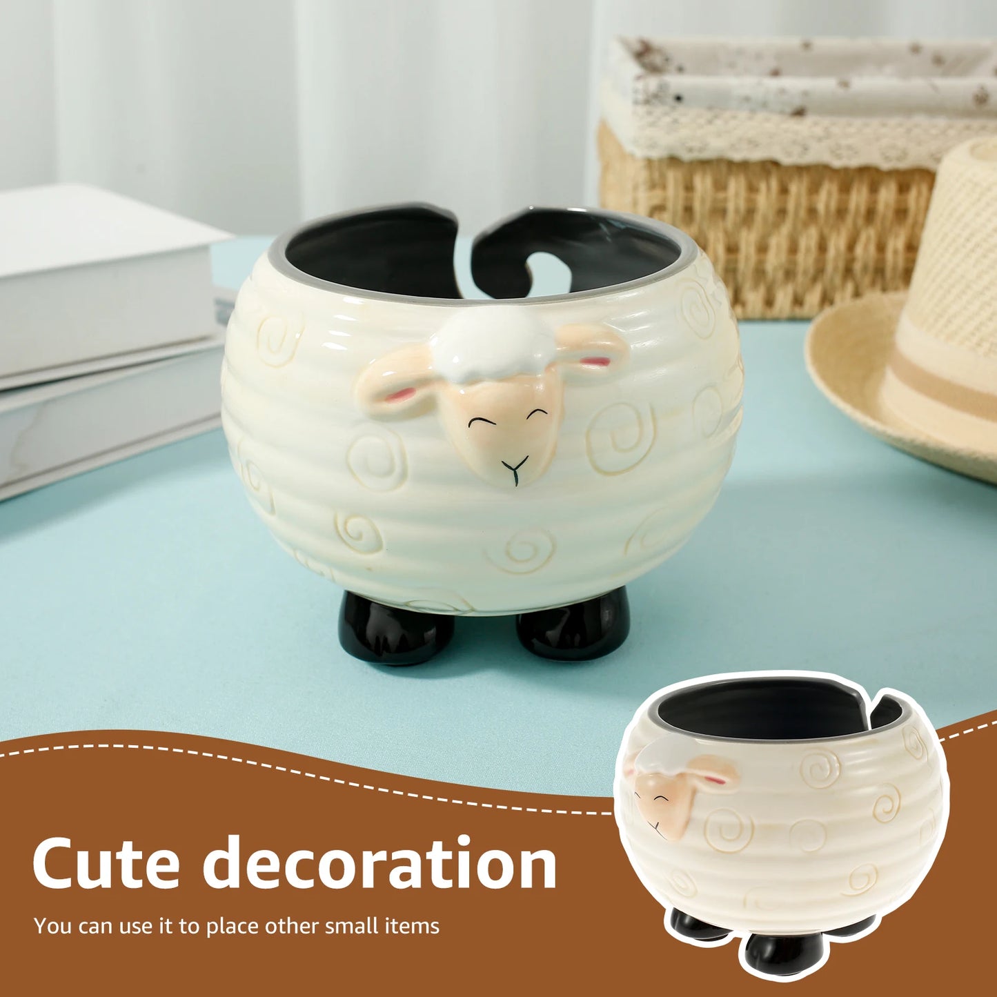 Yarn Bowl | Natural & Dark Wood + Ceramic Sheep Knitting Organizer