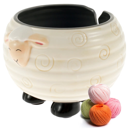 Yarn Bowl | Natural & Dark Wood + Ceramic Sheep Knitting Organizer