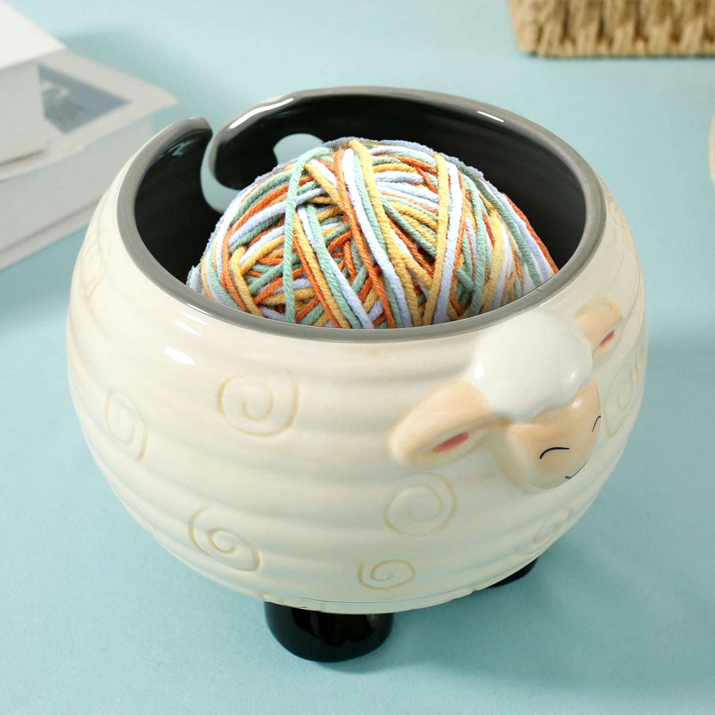 Yarn Bowl | Natural & Dark Wood + Ceramic Sheep Knitting Organizer