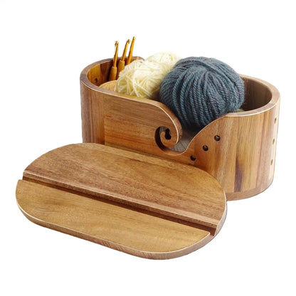 Bamboo wooden Lidded Yarn Bowl with Cell Phone Groove | Knitting & Crochet Organizer